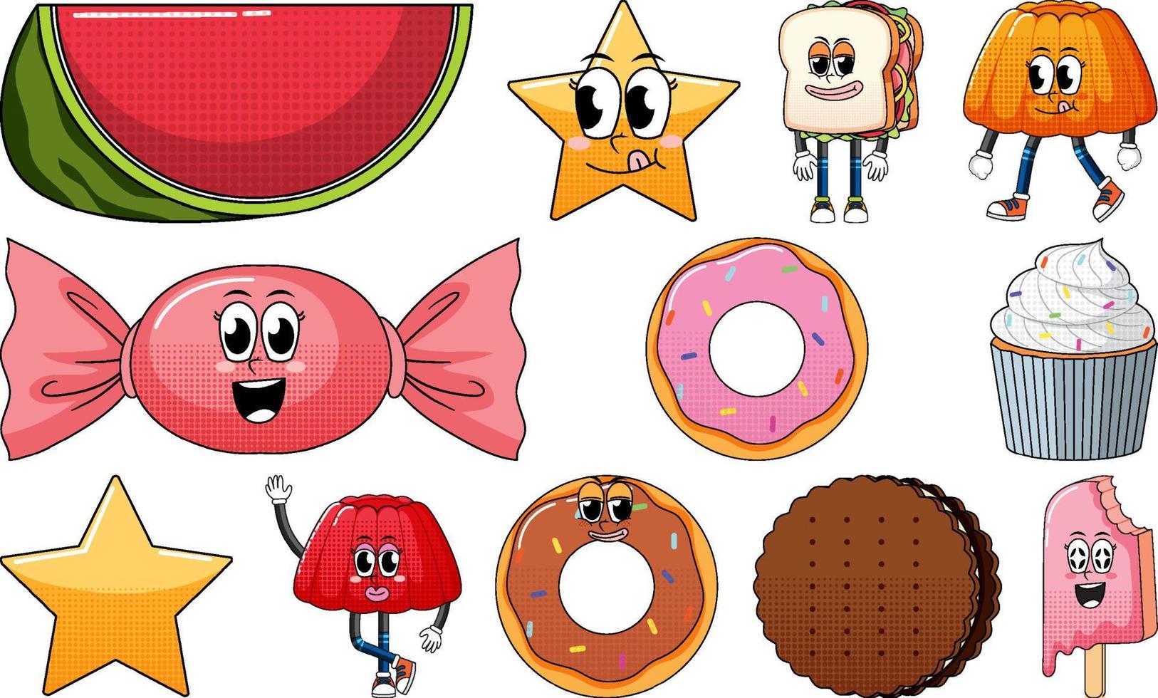 ensemble d'objets et de personnages de dessins animés d'aliments vecteur