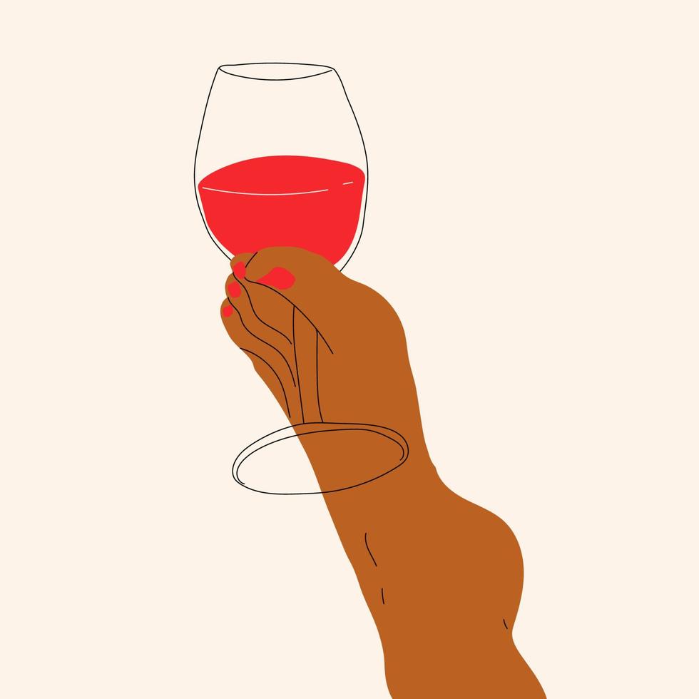 jambes féminines tenant un verre de vin. illustration de tendance vecteur lumineux