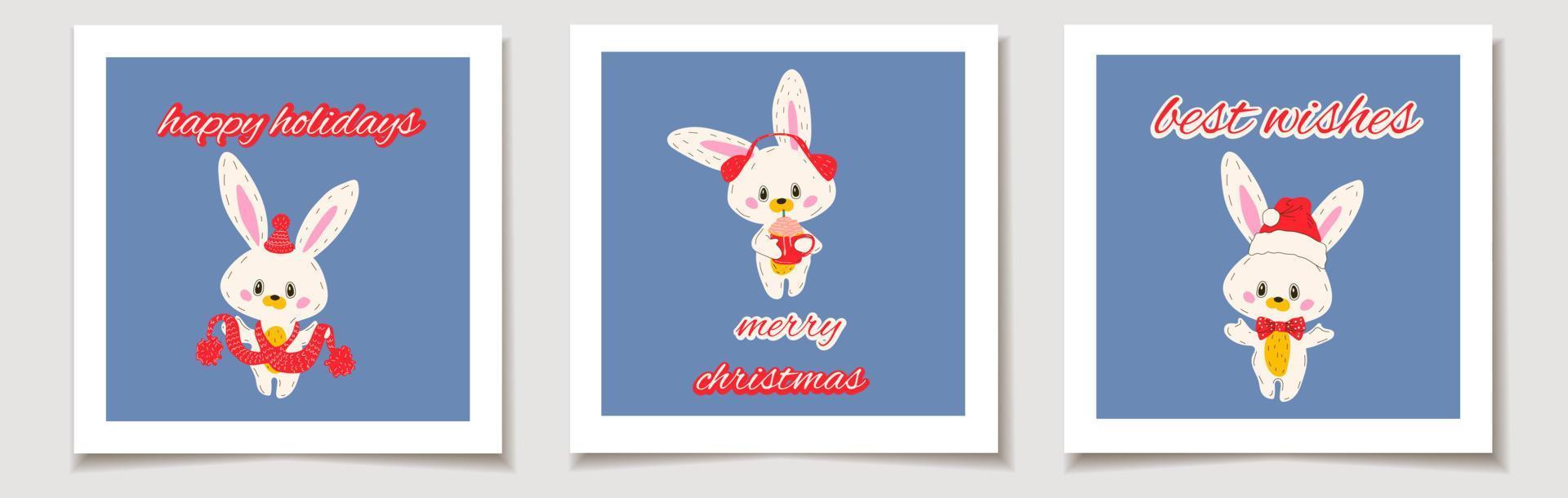 carte-cadeau ou étiquette de vecteur de noël ensemble de trois ensemble mignon lapin dans un chapeau et une écharpe. joyeux noël lettrage, meilleurs voeux.