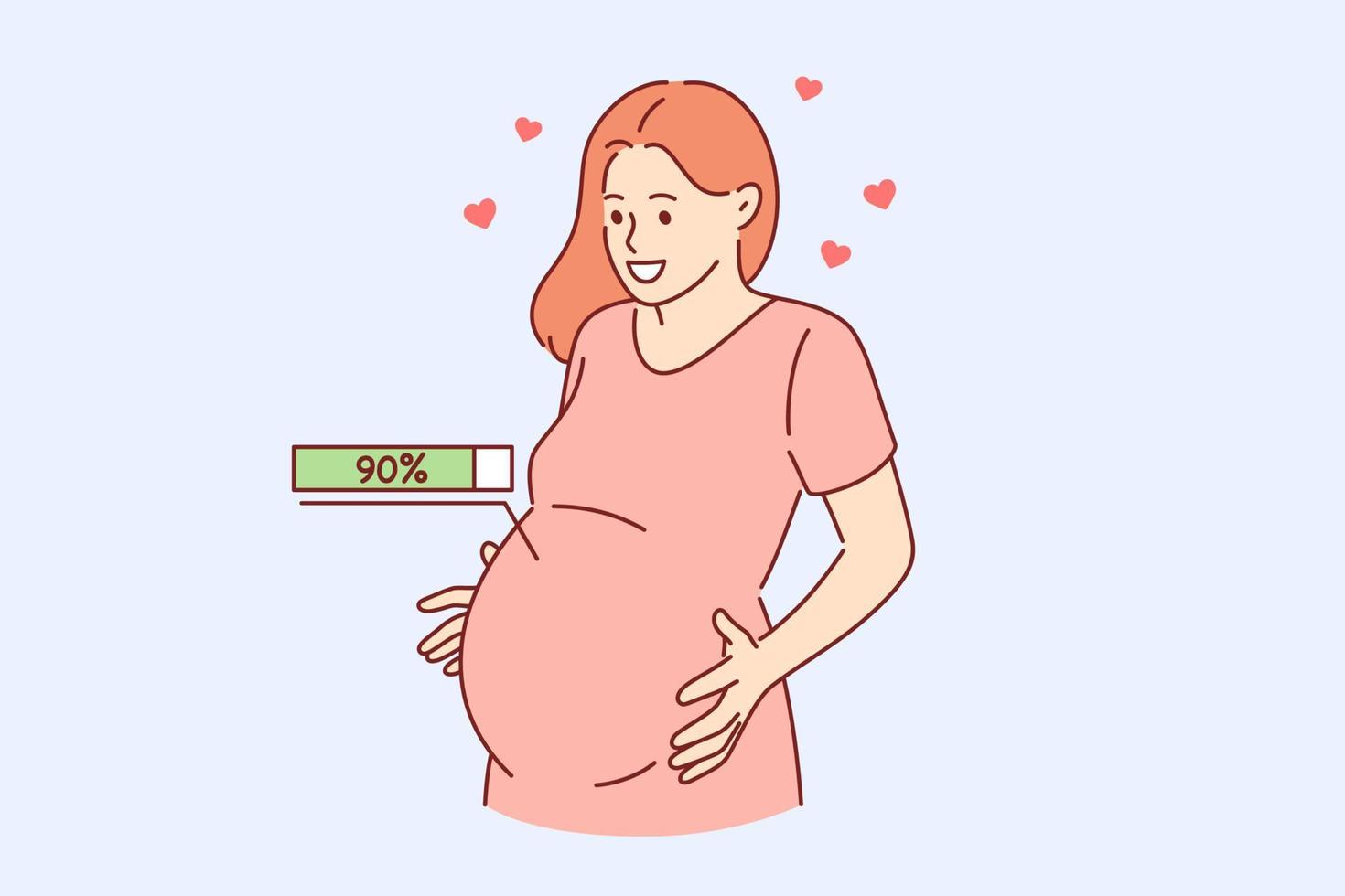processus de grossesse heureuse et concept d'attente. heureuse jeune femme enceinte embrassant le ventre avec 90 pour cent de grossesse et d'attente à l'intérieur du sentiment d'amour illustration vectorielle vecteur
