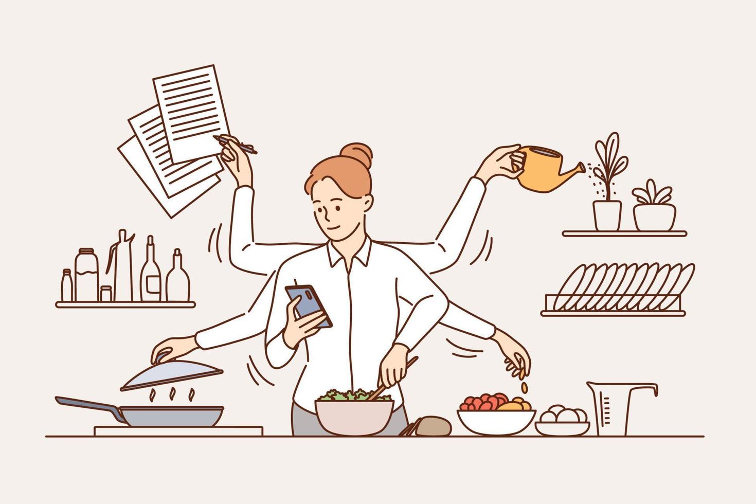 concept de multitâche et de gestion du temps. jeune femme souriante avec six bras effectuant de nombreuses tâches simultanément dans l'illustration vectorielle de la cuisine vecteur