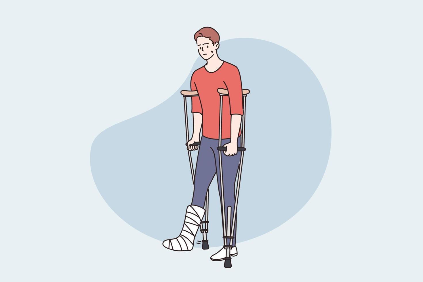 concept de handicap et de problème de santé. jeune homme handicapé debout avec des béquilles, ayant un bandage de gypse avec illustration vectorielle de fracture vecteur