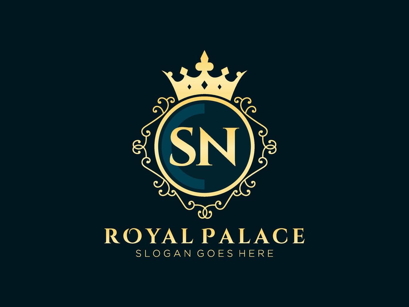 lettre sn logo victorien de luxe royal antique avec cadre ornemental. vecteur