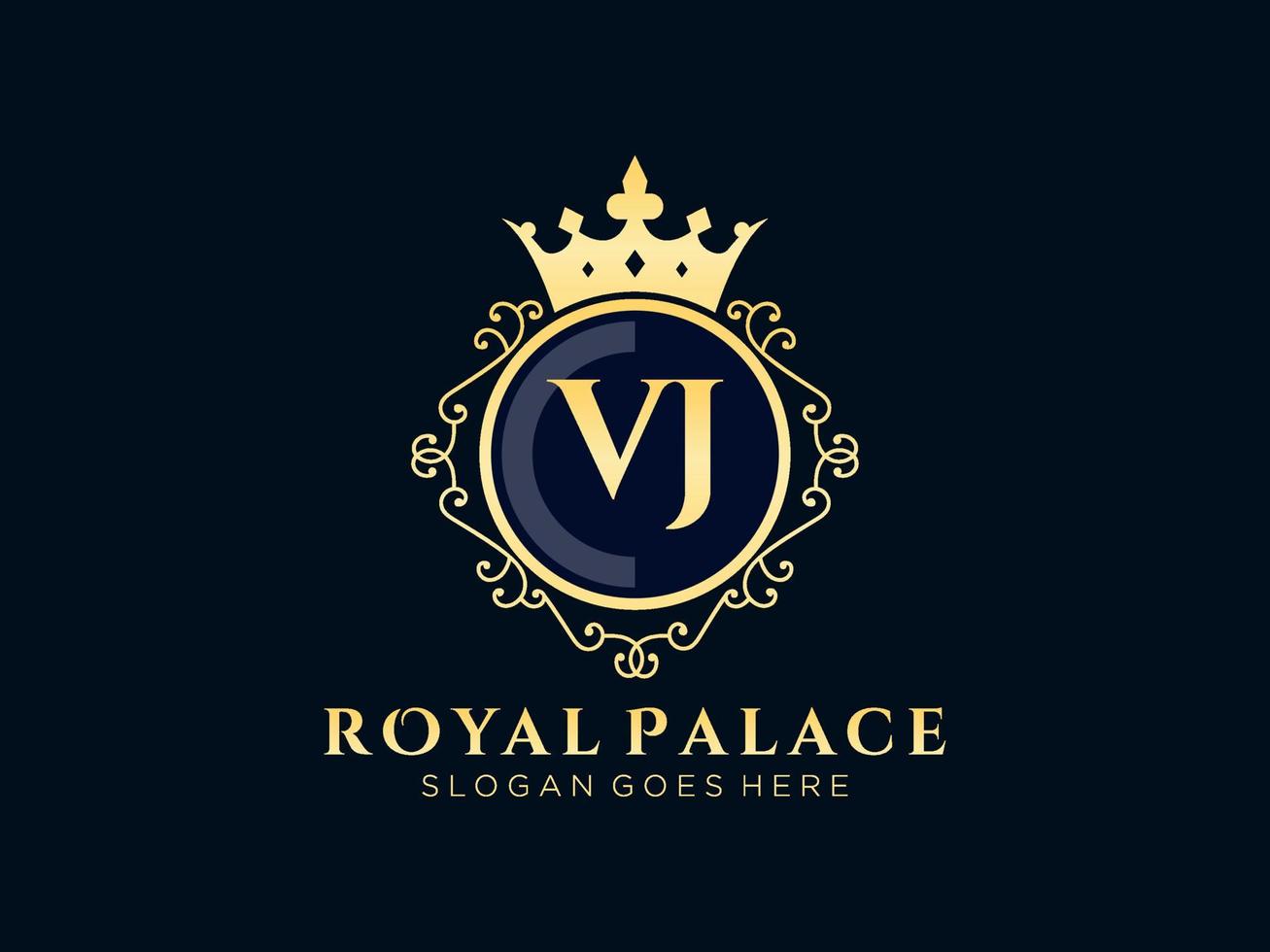 lettre vj logo victorien de luxe royal antique avec cadre ornemental. vecteur