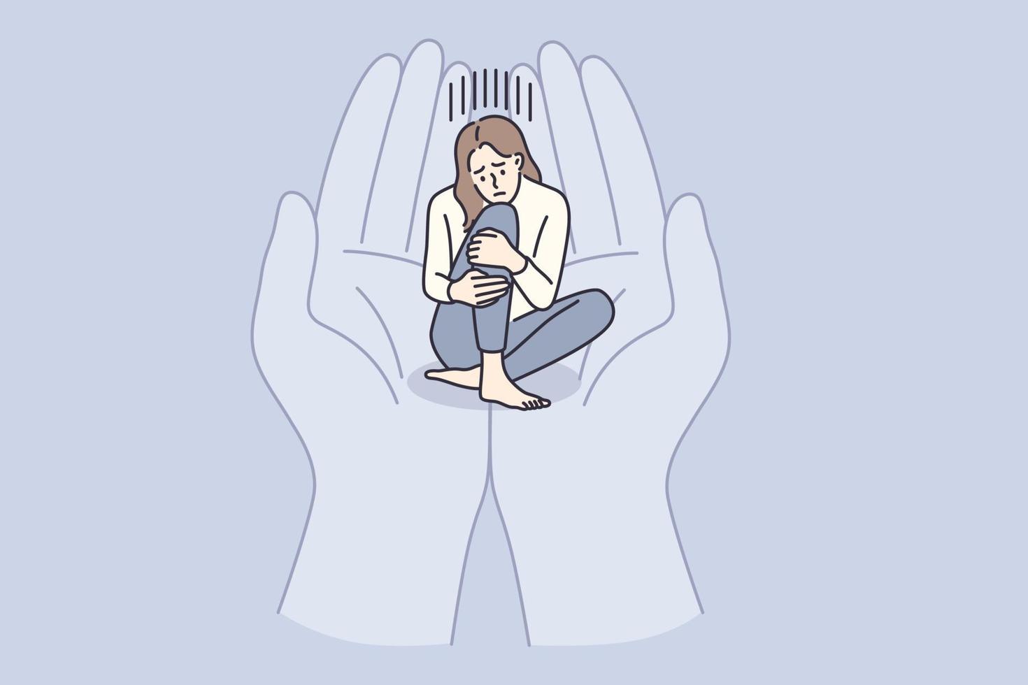 concept de dépression, de deuil et de soutien. personnage de dessin animé de jeune fille déprimée triste assis dans des mains humaines paumes embrassant tenant son illustration vectorielle vecteur