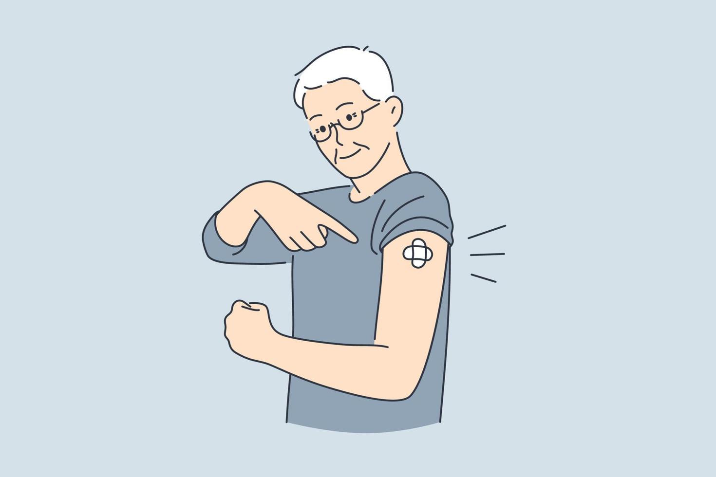 vaccination, aide médicale et concept de santé. homme souriant âgé debout montrant un bras vacciné avec une illustration vectorielle de vaccination faite vecteur