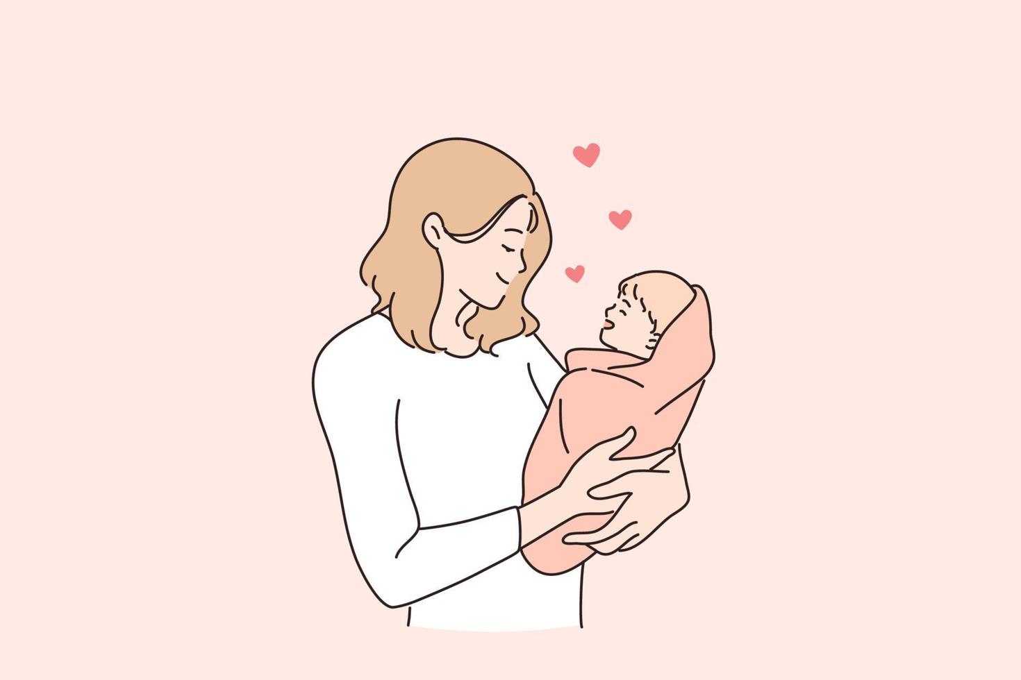 concept de maternité et d'enfance heureuse. jeune et heureuse maman mère femme personnage de dessin animé debout tenant son bébé petit fils ou fille nouveau-né illustration vectorielle vecteur