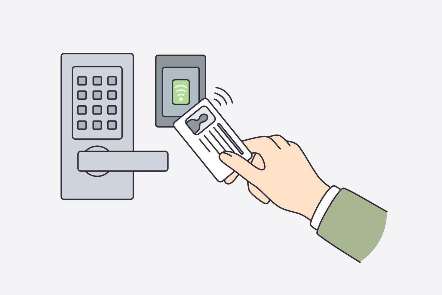 carte d'identité de sécurité et concept de sécurité. main humaine tenant une carte d'identité avec des informations personnelles tenant près de la serrure électronique ouvrant la porte illustration vectorielle vecteur