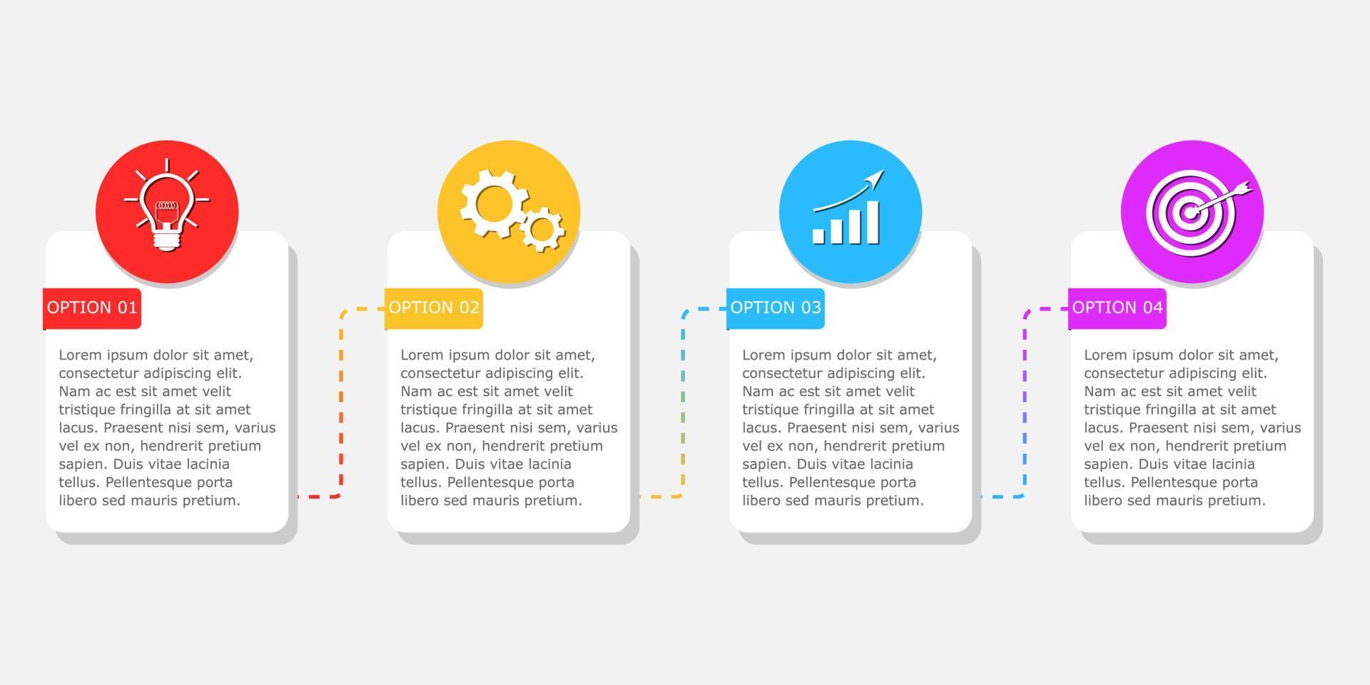 illustration vectorielle du modèle d'infographie d'entreprise de présentation avec cercle coloré et options carrées 4. vecteur