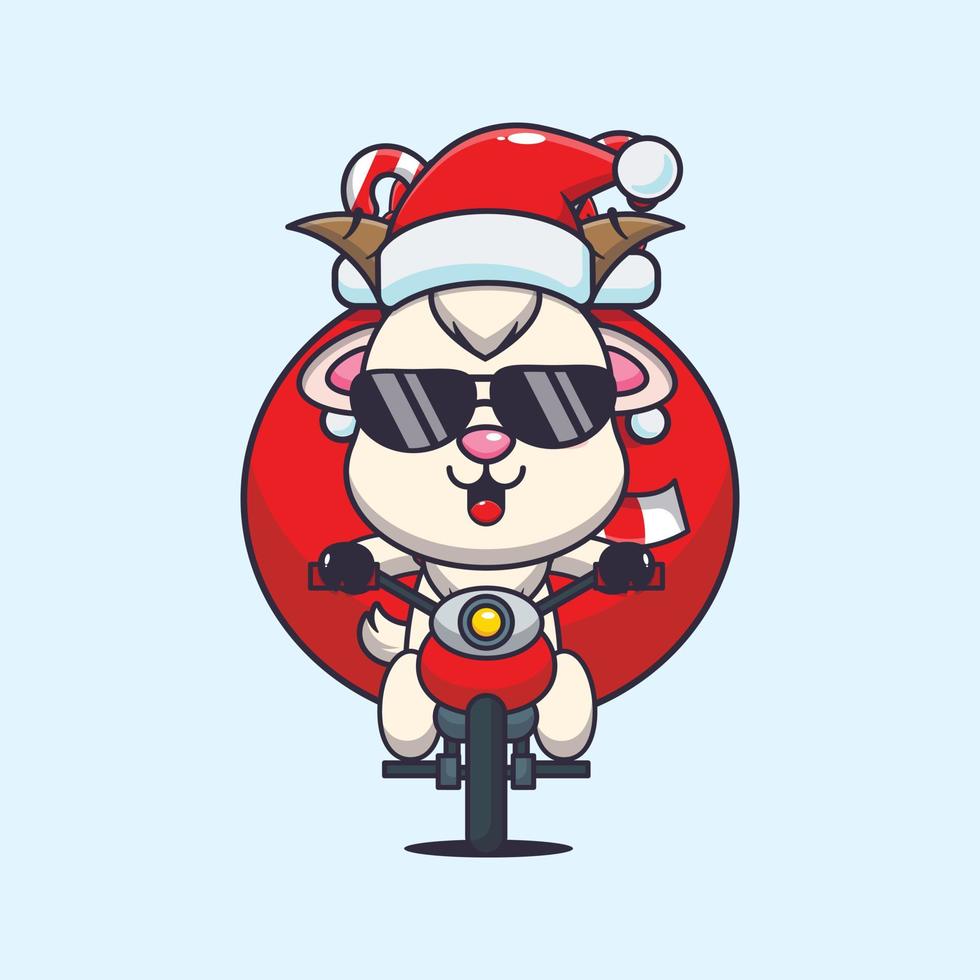 chèvre mignonne transportant un cadeau de noël avec une moto. illustration de dessin animé de noël mignon. vecteur