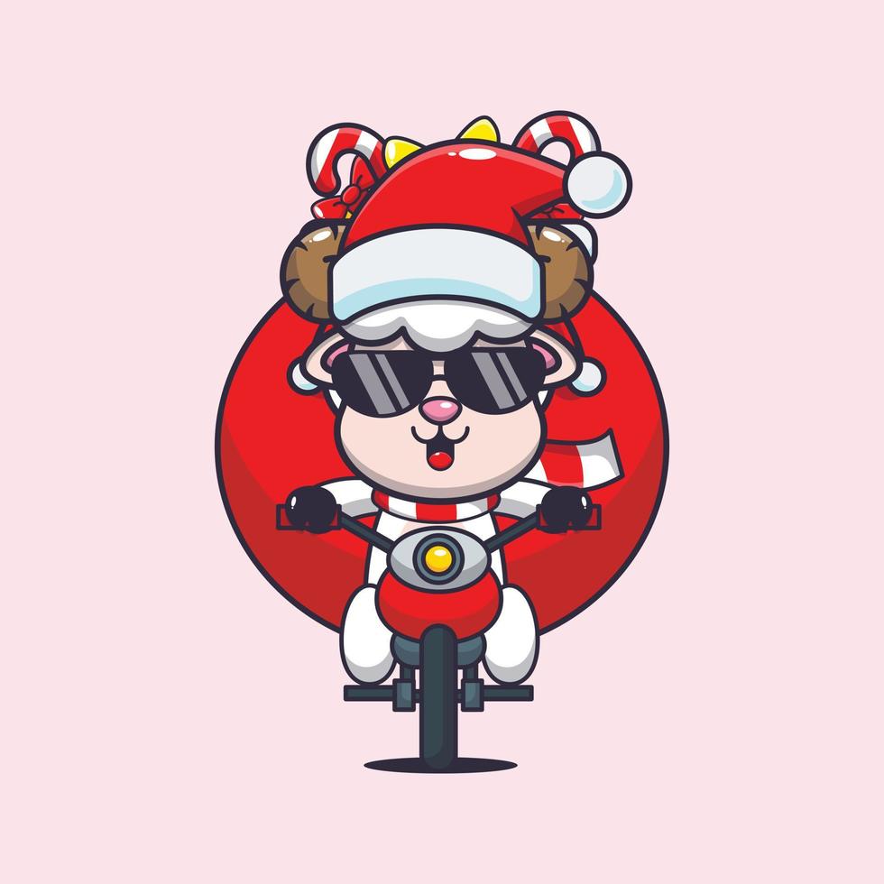 mouton mignon transportant un cadeau de noël avec une moto. illustration de dessin animé de noël mignon. vecteur