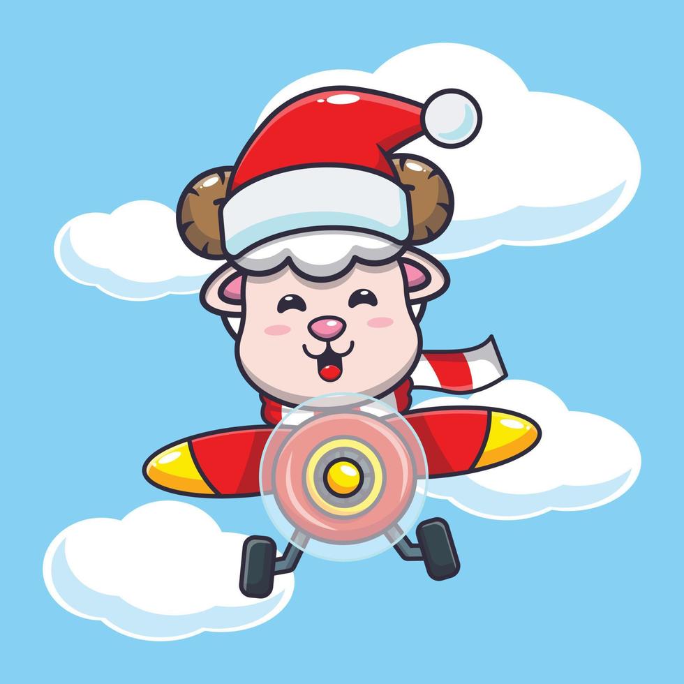 mignon mouton portant bonnet de noel volant avec avion. illustration de dessin animé de noël mignon. vecteur