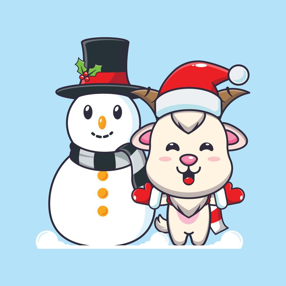 chèvre mignonne jouant avec le bonhomme de neige. illustration de dessin animé de noël mignon. vecteur