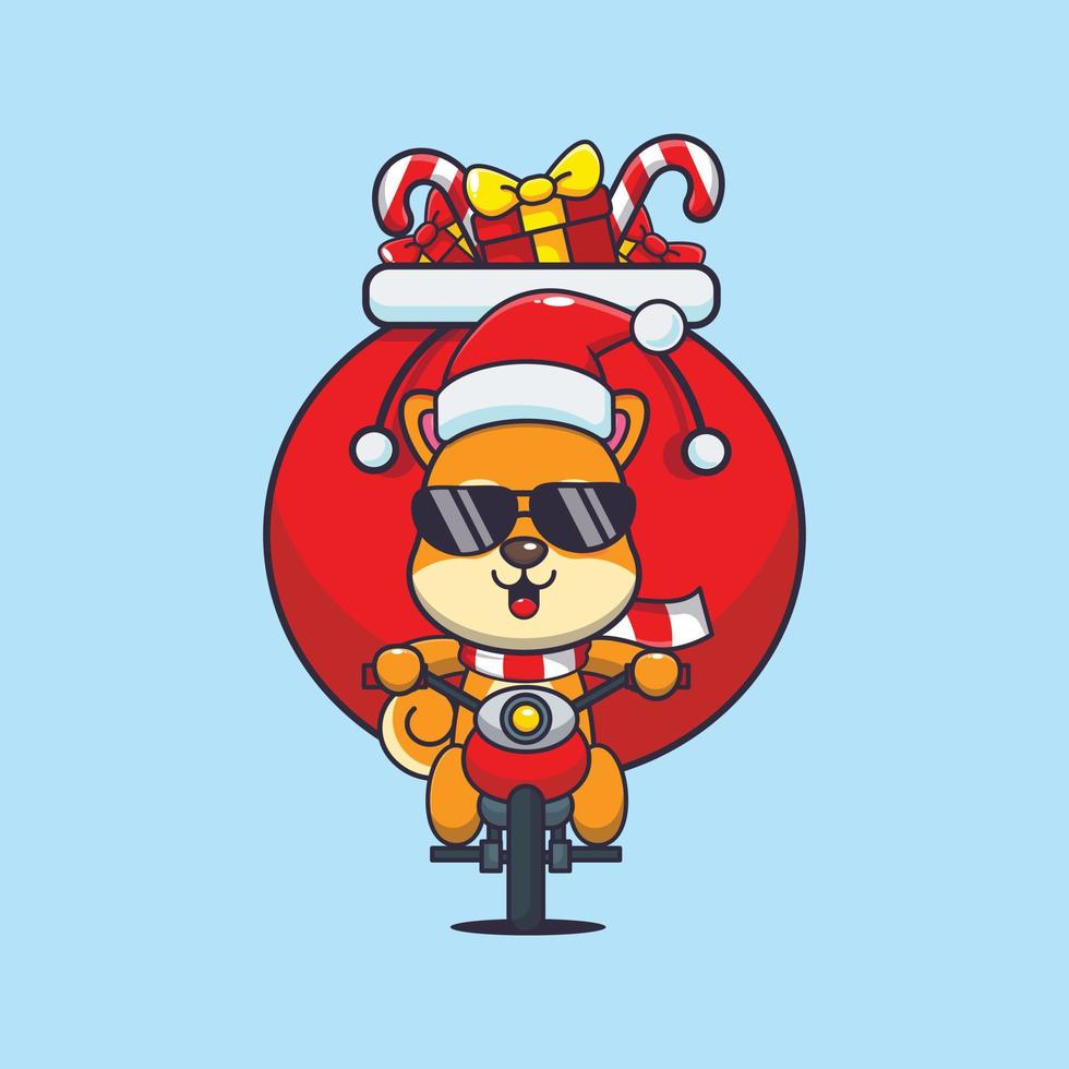 mignon chien shiba inu transportant un cadeau de noël avec une moto. illustration de dessin animé de noël mignon. vecteur