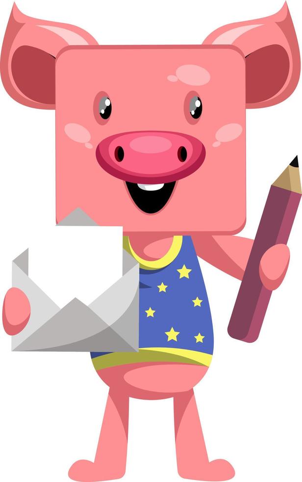 Cochon avec stylo et enveloppe, illustration, vecteur sur fond blanc.
