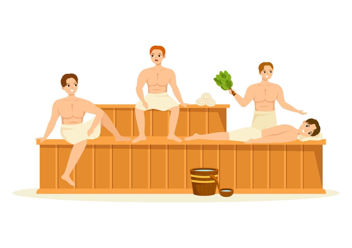 sauna et hammam avec des gens se détendant, se lavant le corps, fumant ou profitant du temps dans l'illustration de modèles dessinés à la main de dessin animé plat vecteur