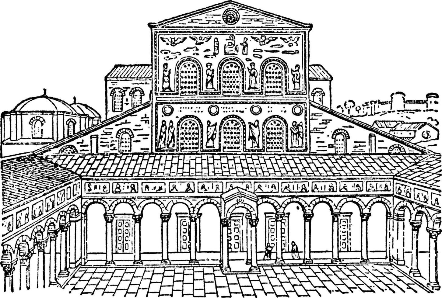 ancienne façade de st. peter's, enclave papale dans la ville de rome, gravure vintage. vecteur
