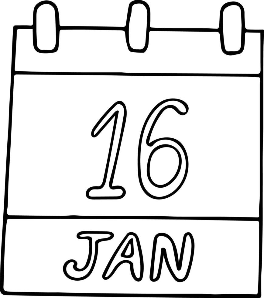 calendrier dessiné à la main dans un style doodle. 16 janvier. journée mondiale des beatles, liberté religieuse, date. icône, élément d'autocollant pour la conception. planification, vacances d'affaires vecteur