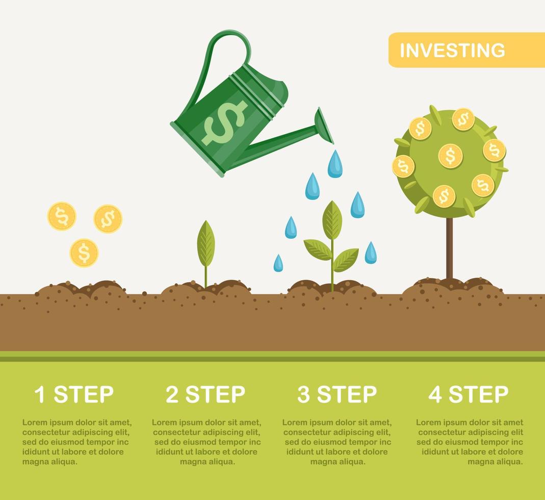 arrosoir arroser l'arbre d'argent. investissement, gestion financière. étape d'augmentation du profit, de la richesse vecteur