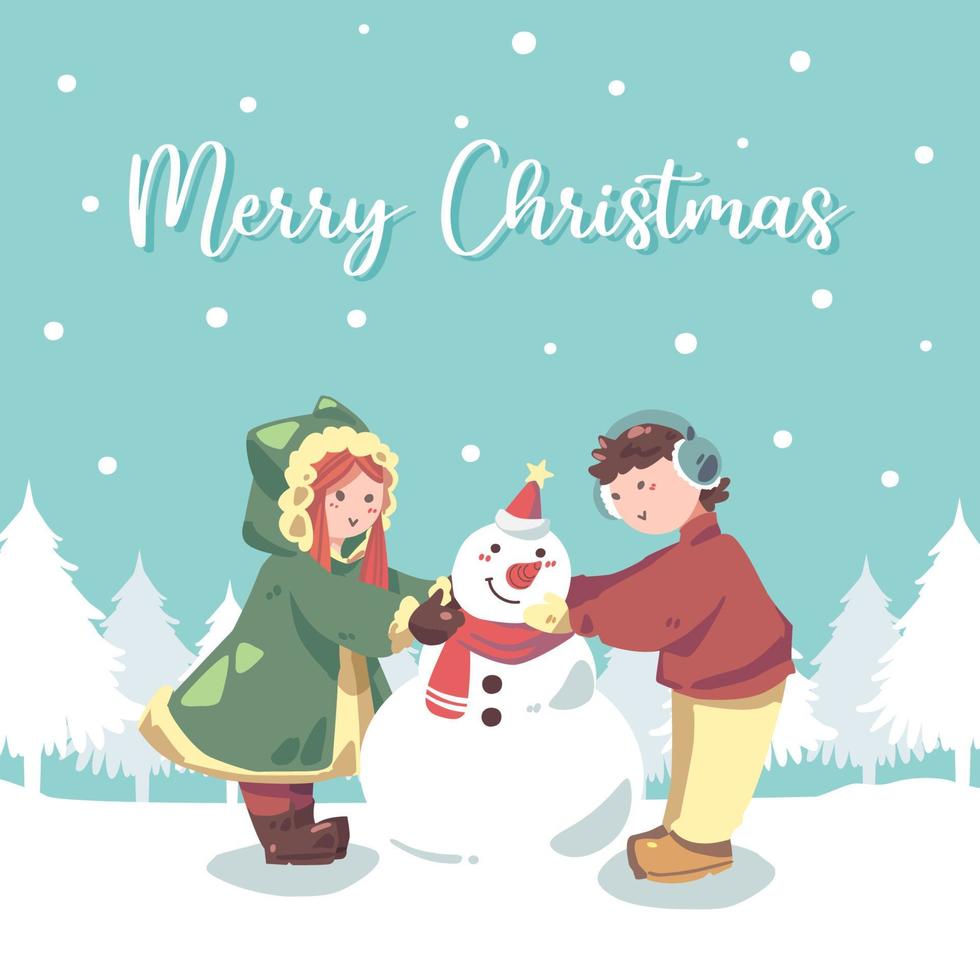 jolie carte de noël avec des enfants construisant un bonhomme de neige souriant joyeusement à l'extérieur recouvert d'illustration vectorielle de neige. joyeux noël et bonne année carte de voeux, bannière, affiche. vecteur