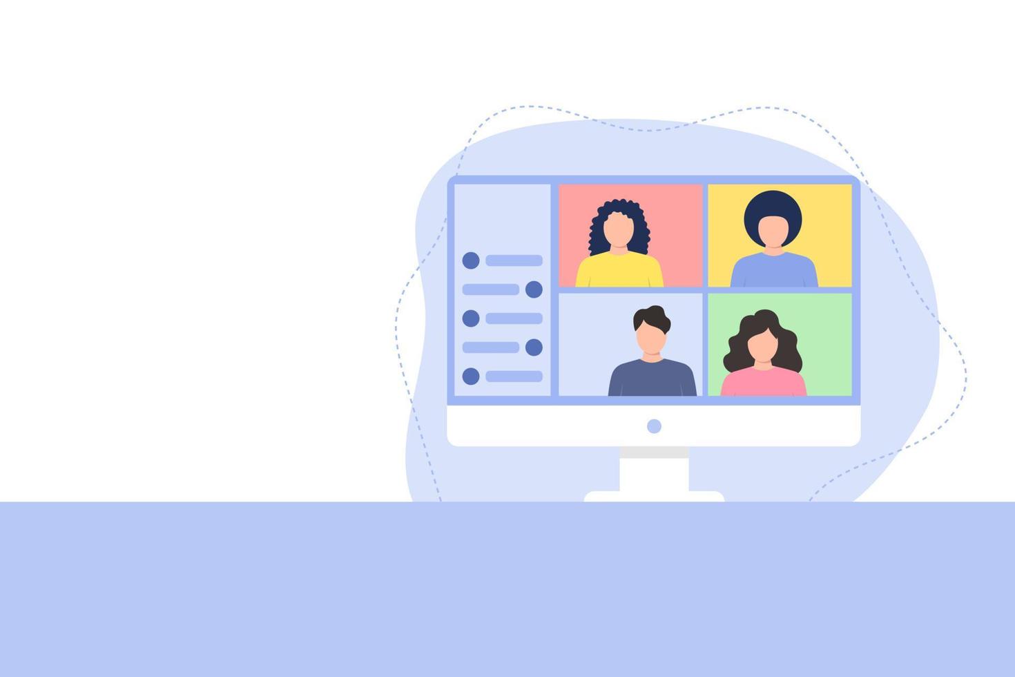 illustration d'une conférence en ligne via un ordinateur. quatre personnes ont une conversation d'affaires. vecteur