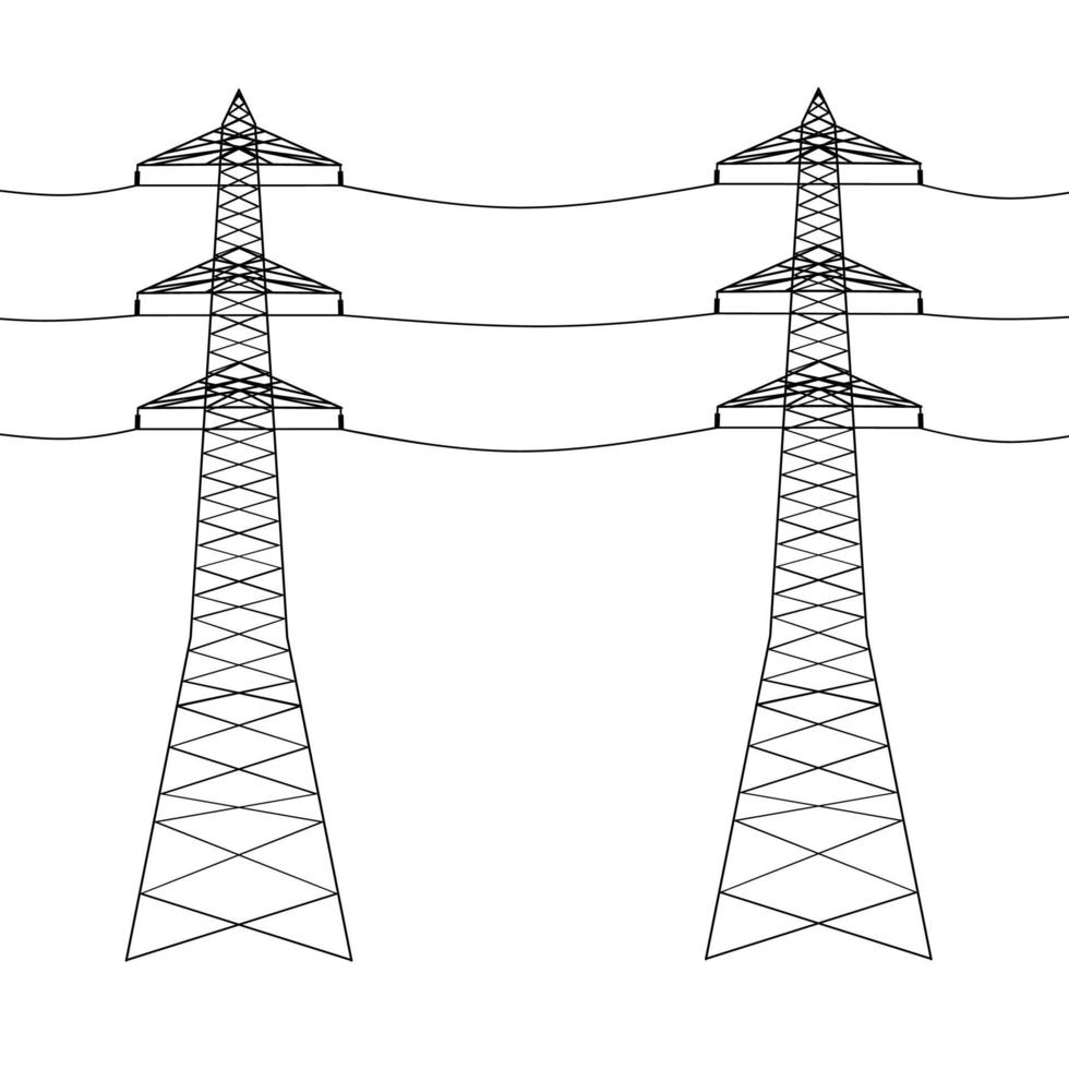 vecteur de deux pylônes alimentant en électricité ville et village. haut mât noir avec de longs fils sur fond blanc. idéal pour fournir des logos d'alimentation.