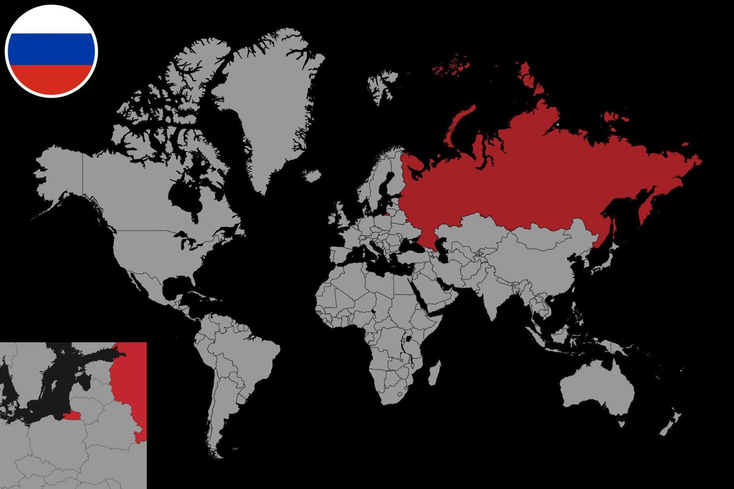 épingler la carte avec le drapeau de la russie sur la carte du monde. illustration vectorielle. vecteur