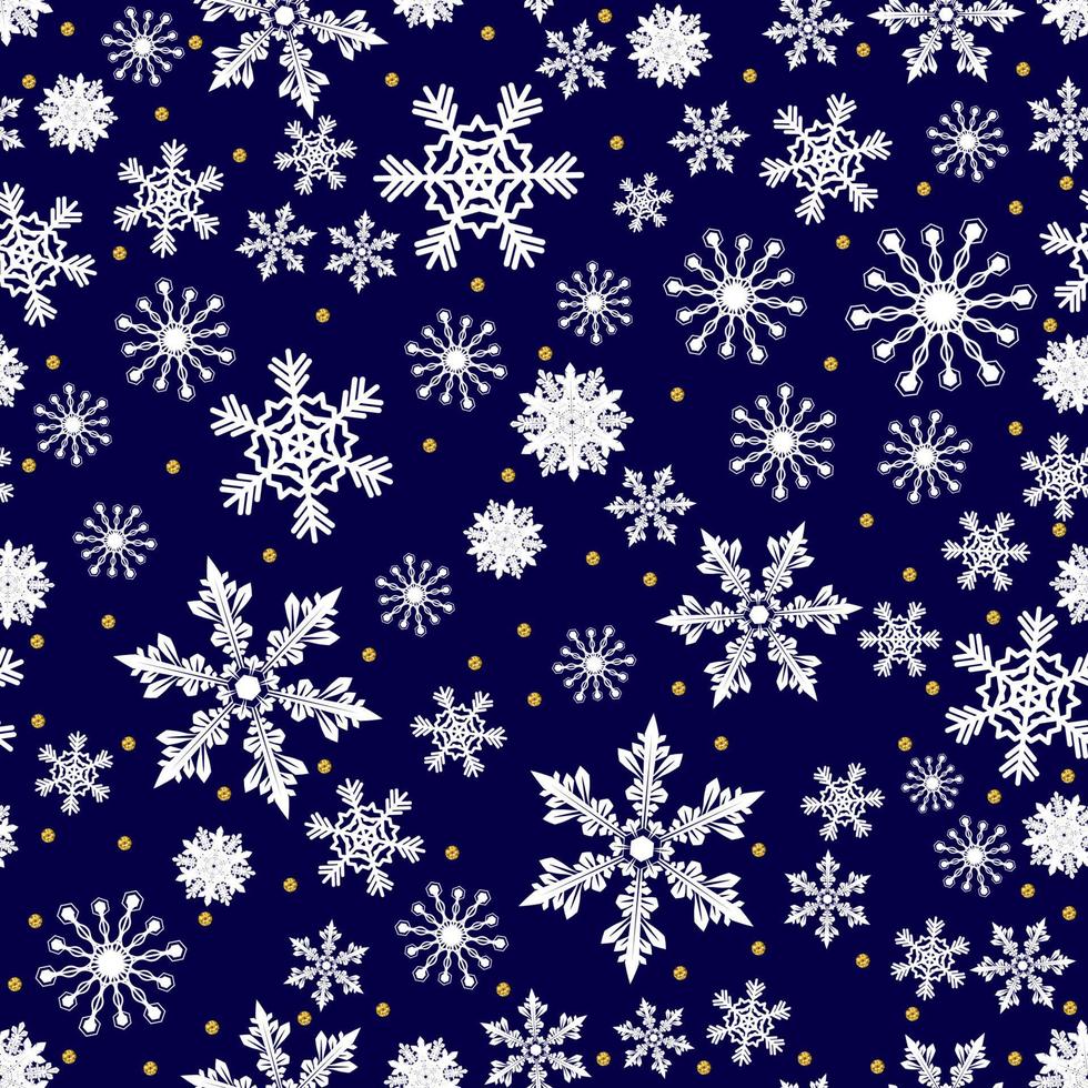 motif de noël composé de flocons de neige blancs et de points dorés, fond bleu foncé sans couture d'hiver vectoriel avec neige, illustration de vacances de conception de noël.