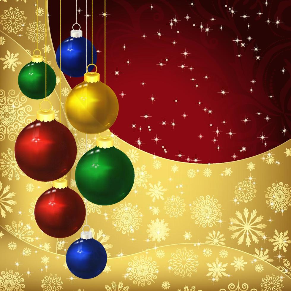 boules de verre, flocons de neige dorés et motifs givrés sur fond rouge. fond de Noël, illustration vectorielle. vecteur
