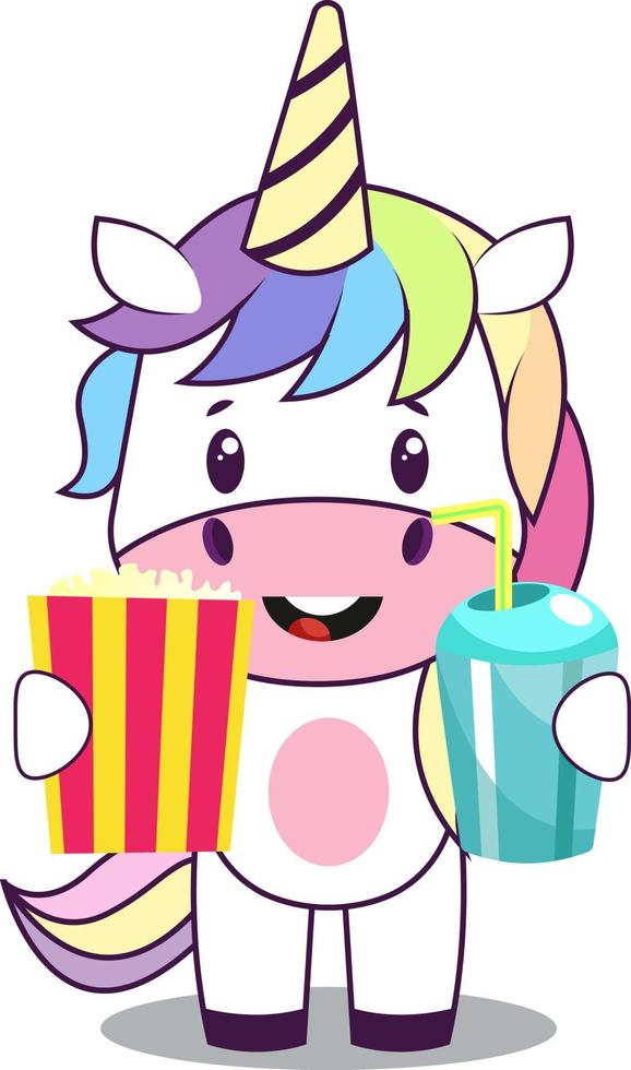 licorne avec pop-corn, illustration, vecteur sur fond blanc.