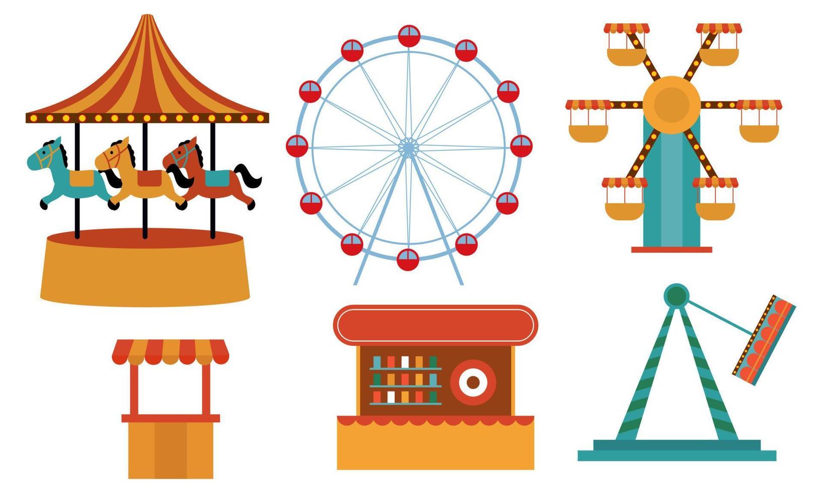 attractions du parc d'attractions. Carrousel pour enfants de carnaval, attraction de grande roue et fête foraine amusante vecteur