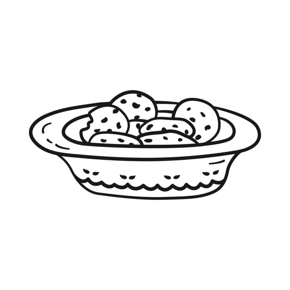 biscuits sucrés au chocolat dans un bol. style de griffonnage. illustration vectorielle isolée sur fond blanc vecteur