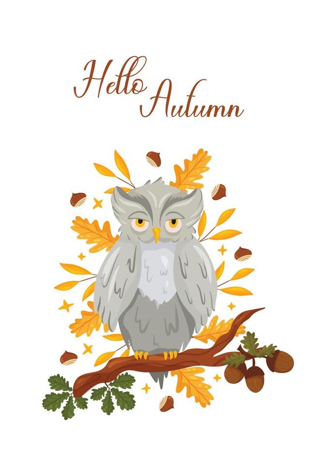 carte postale d'automne avec hibou sur branche, glands et feuilles vecteur