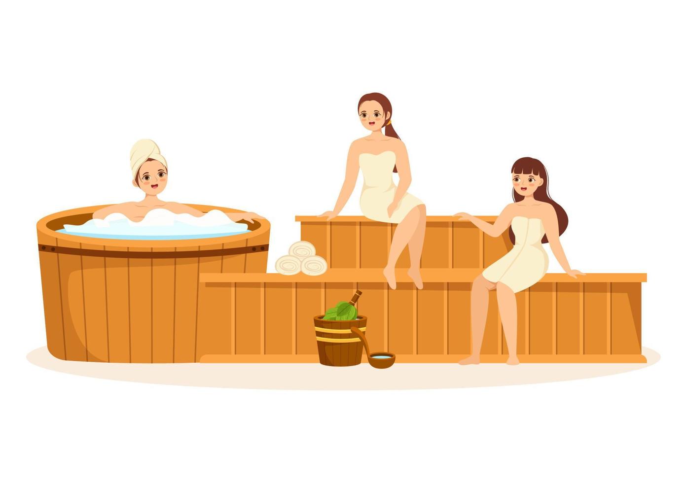 sauna et hammam avec des gens se détendant, se lavant le corps, fumant ou profitant du temps dans l'illustration de modèles dessinés à la main de dessin animé plat vecteur