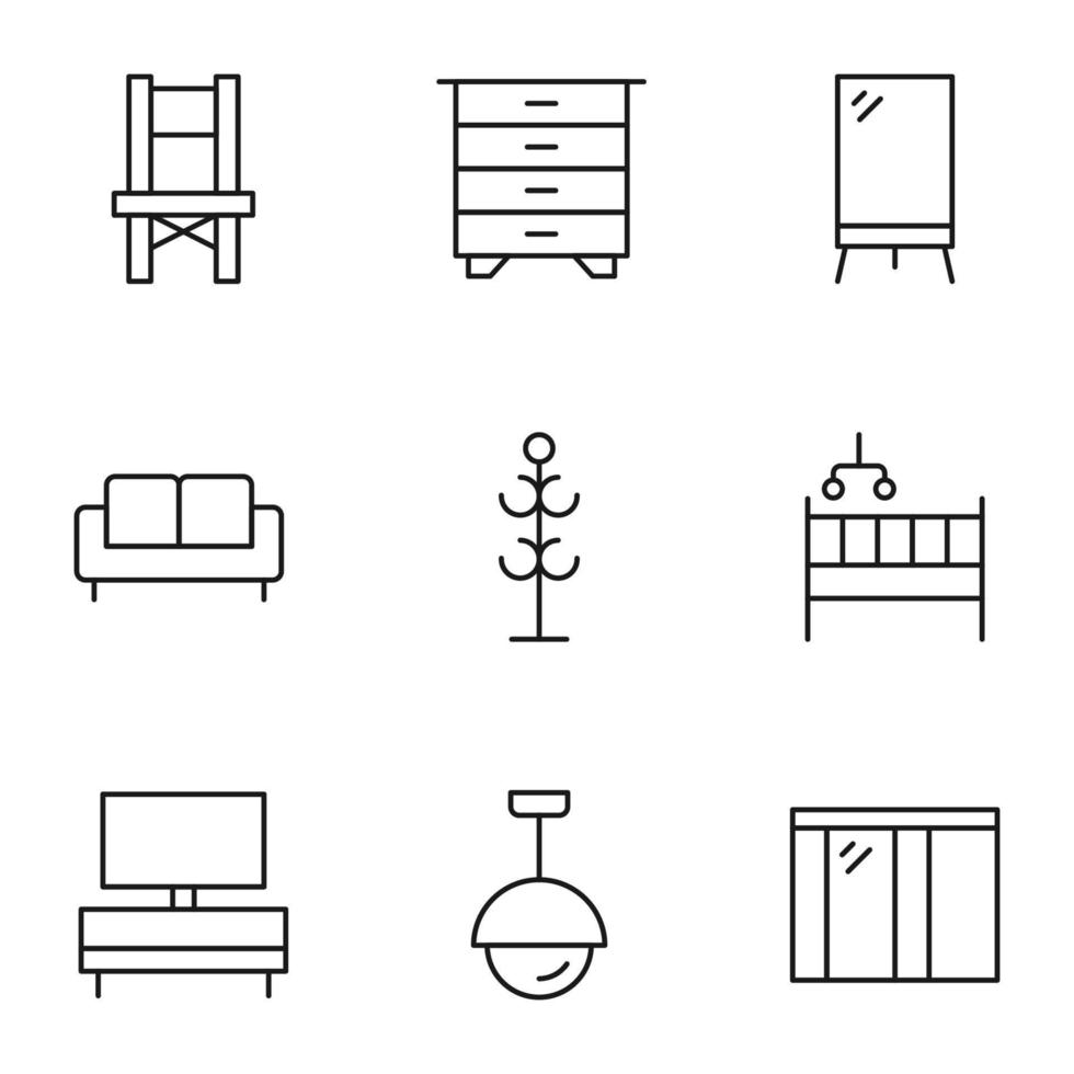 ensemble de symboles de contour modernes pour les magasins Internet, les magasins, les bannières, les publicités. icônes de ligne isolées vectorielles de chaise, placard, miroir, canapé, berceau, lampe et fenêtre vecteur