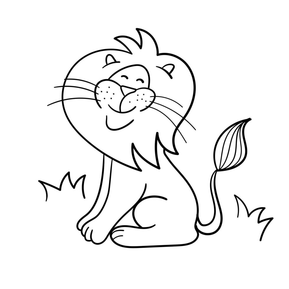 illustration d'un lion heureux. graphique pour enfants avec dessin au trait. dessin à la main croquis illustration vectorielle. livre de coloriage vecteur