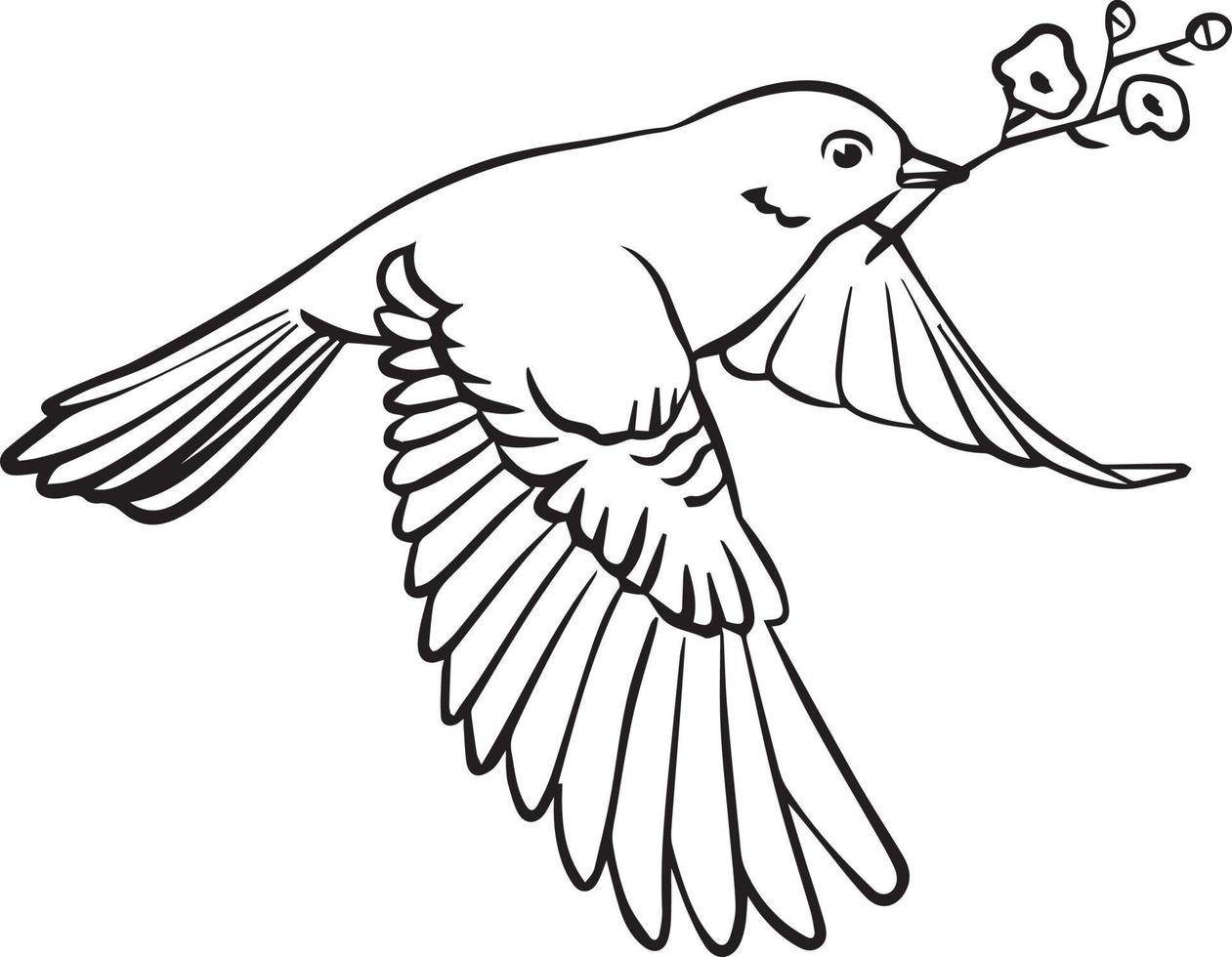 un oiseau avec une branche dans son bec. dessin à la main en noir et blanc. pour les illustrations et les livres à colorier. vecteur