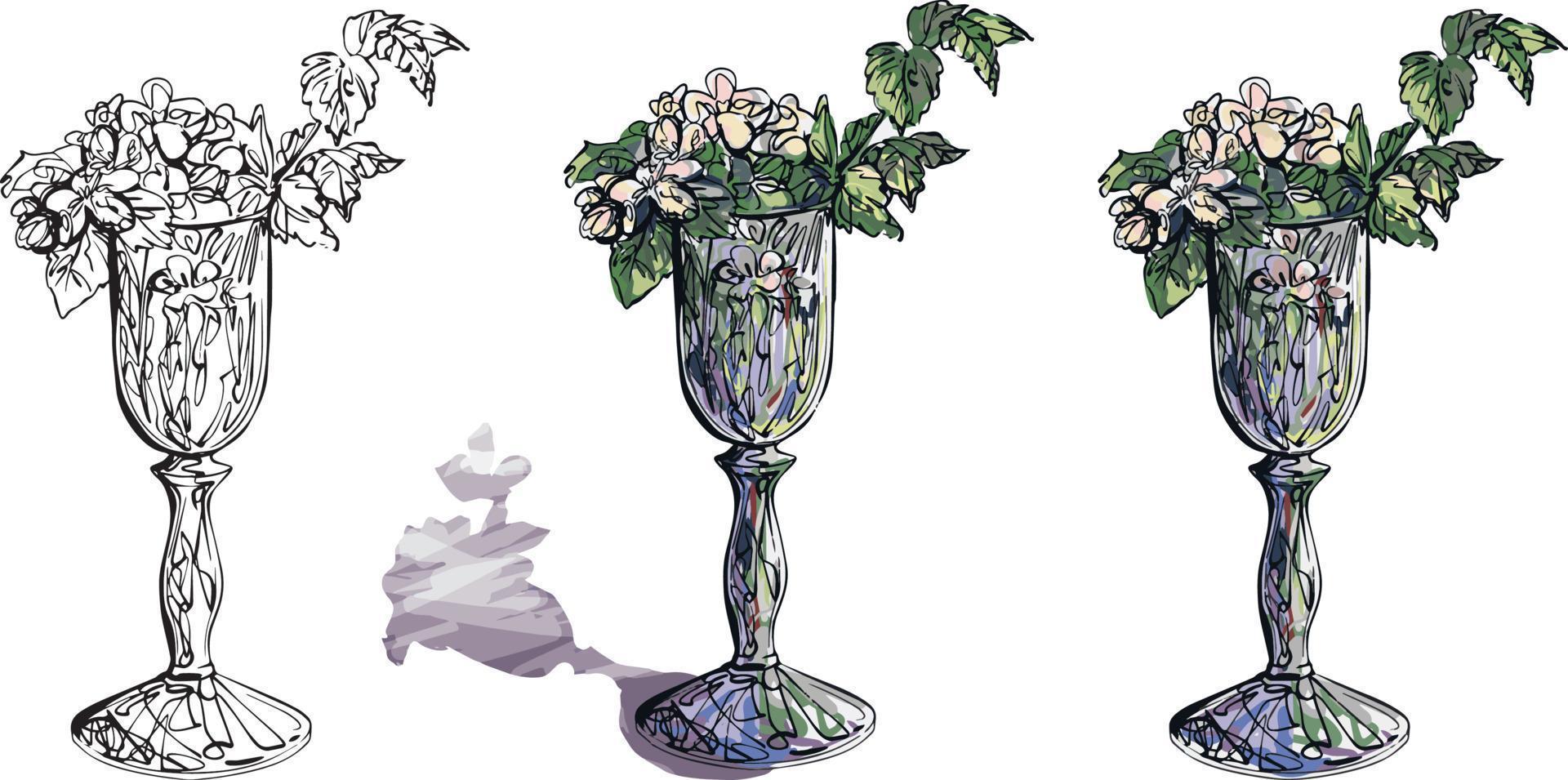 fleurs dans un verre. un dessin fait à la main à l'aquarelle. pour les illustrations et vos livres. vecteur