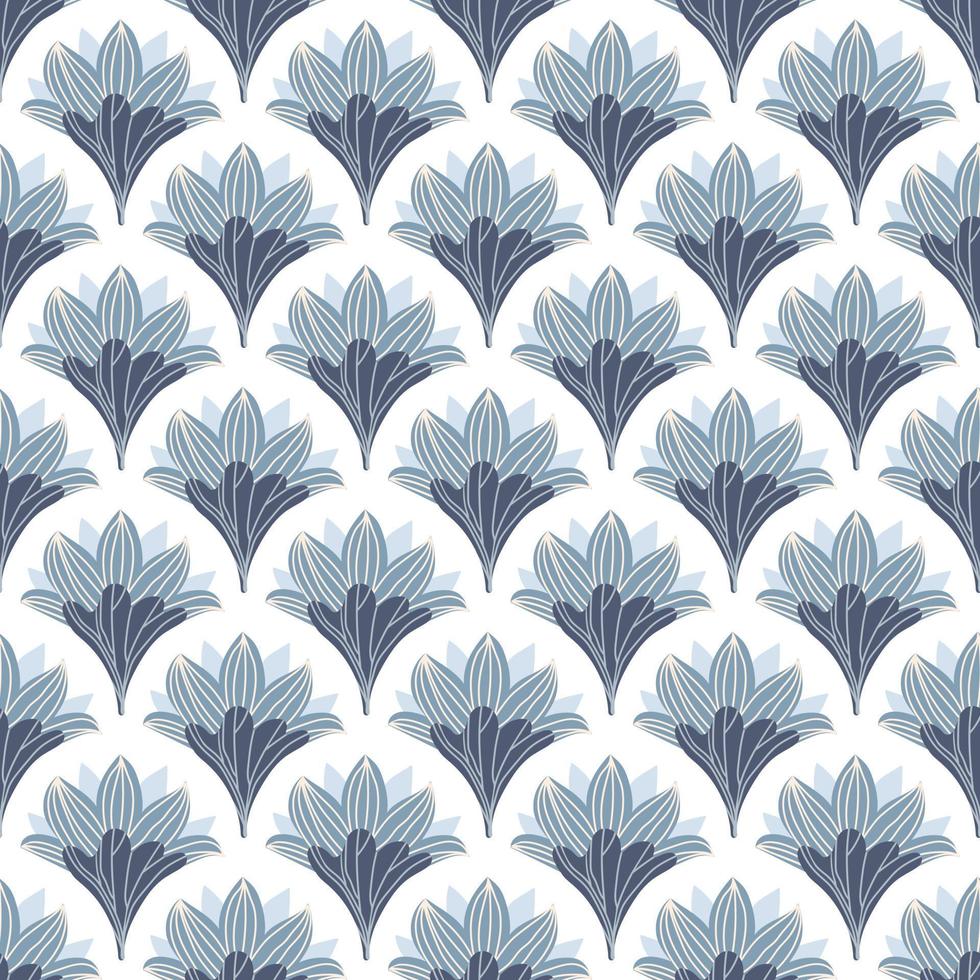 motif vectoriel continu bleu lotus. nénuphar et feuilles sur fond blanc.