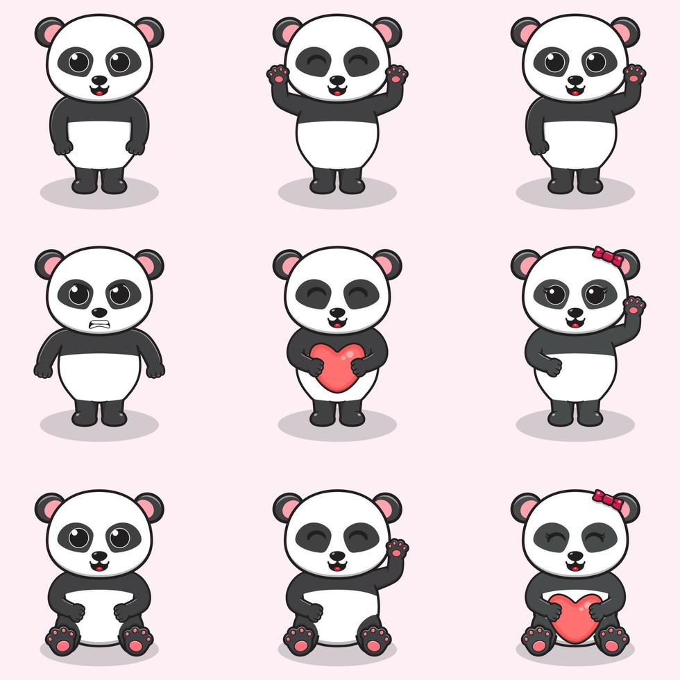 jeu d'illustrations vectorielles de dessin animé de panda. ensemble de jolis pandas. ensemble d'animaux. personnages isolés de dessins animés et de vecteurs. une collection d'animaux dans le style des enfants. vecteur