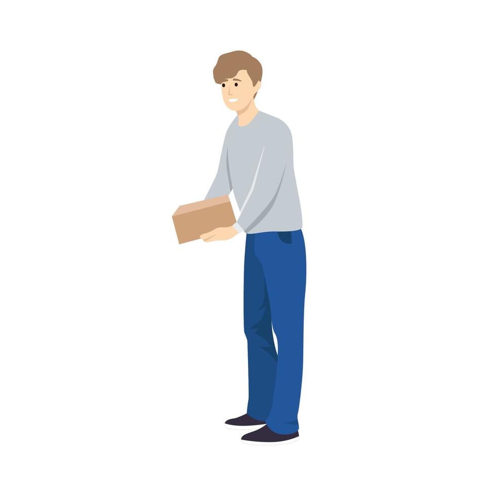 un gars tient une boîte dans ses mains en cadeau. l'homme tient une boîte en carton. isolé. vecteur. vecteur