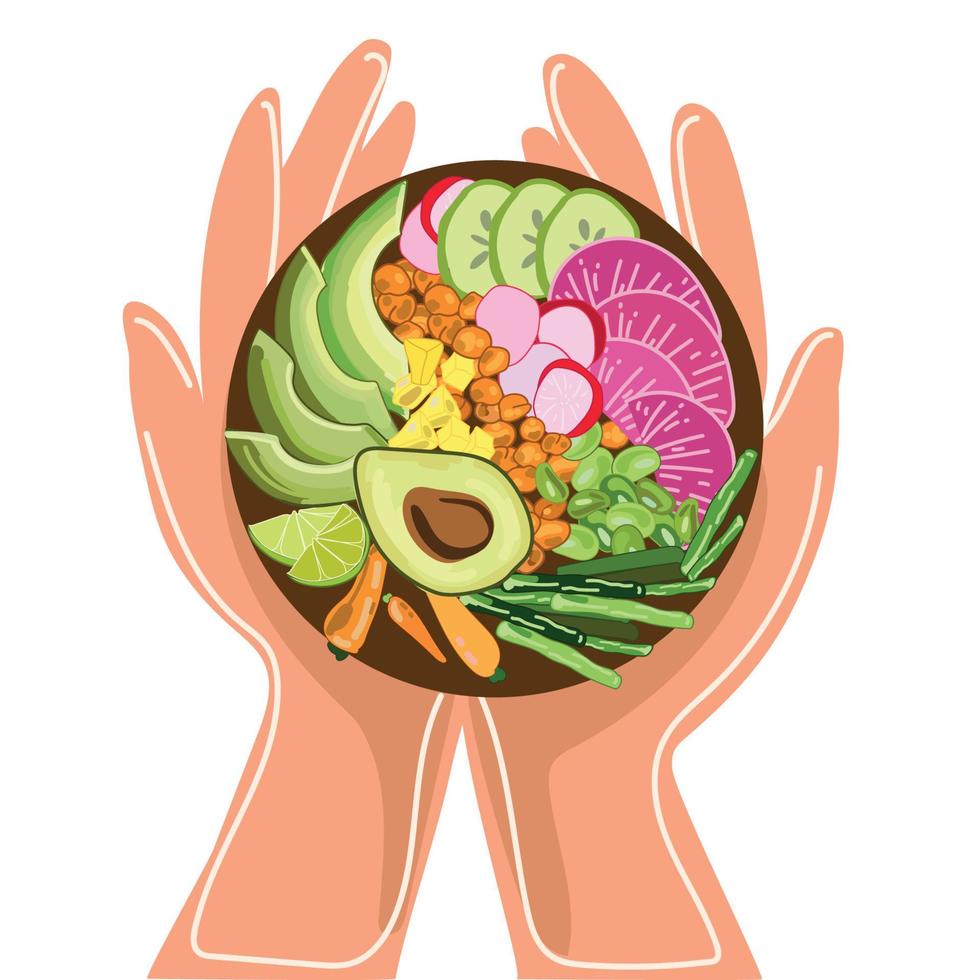 concept de nourriture végétarienne saine.bol de légumes biologiques dans les mains humaines vue de dessus, illustration vectorielle.mode de vie sain.superaliment, alimentation propre, végétalien, concept de régime alimentaire.bol avec salade fraîche vecteur