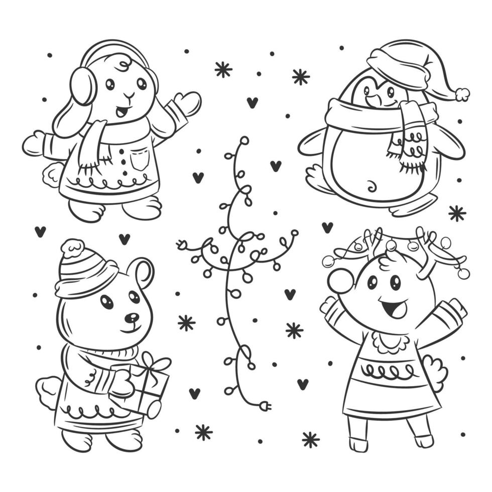 ensemble d'animaux de noël de coloriage dessiné à la main vecteur