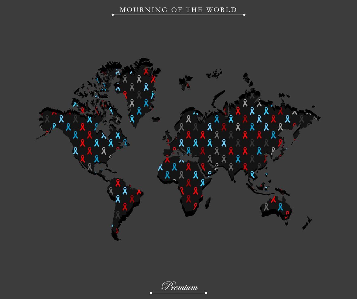 ruban de sensibilisation coloré sur un mur fissuré basé sur la carte du fond du monde. icônes de signe de deuil. illustration du graphique vectoriel du ruban comme symbole. vecteur eps 10