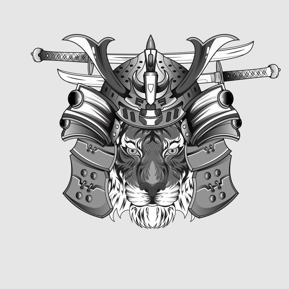 conception japonaise dessinée à la main casque de tigre samouraï tête de chevalier oeuvre noir et blanc vecteur