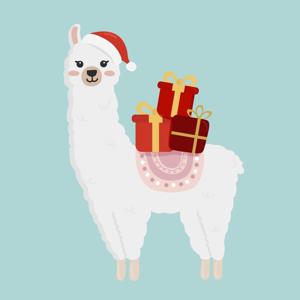 mignon lama en bonnet de noel avec des cadeaux isolés sur fond bleu. illustration pour cartes de voeux, affiches et design saisonnier. vecteur