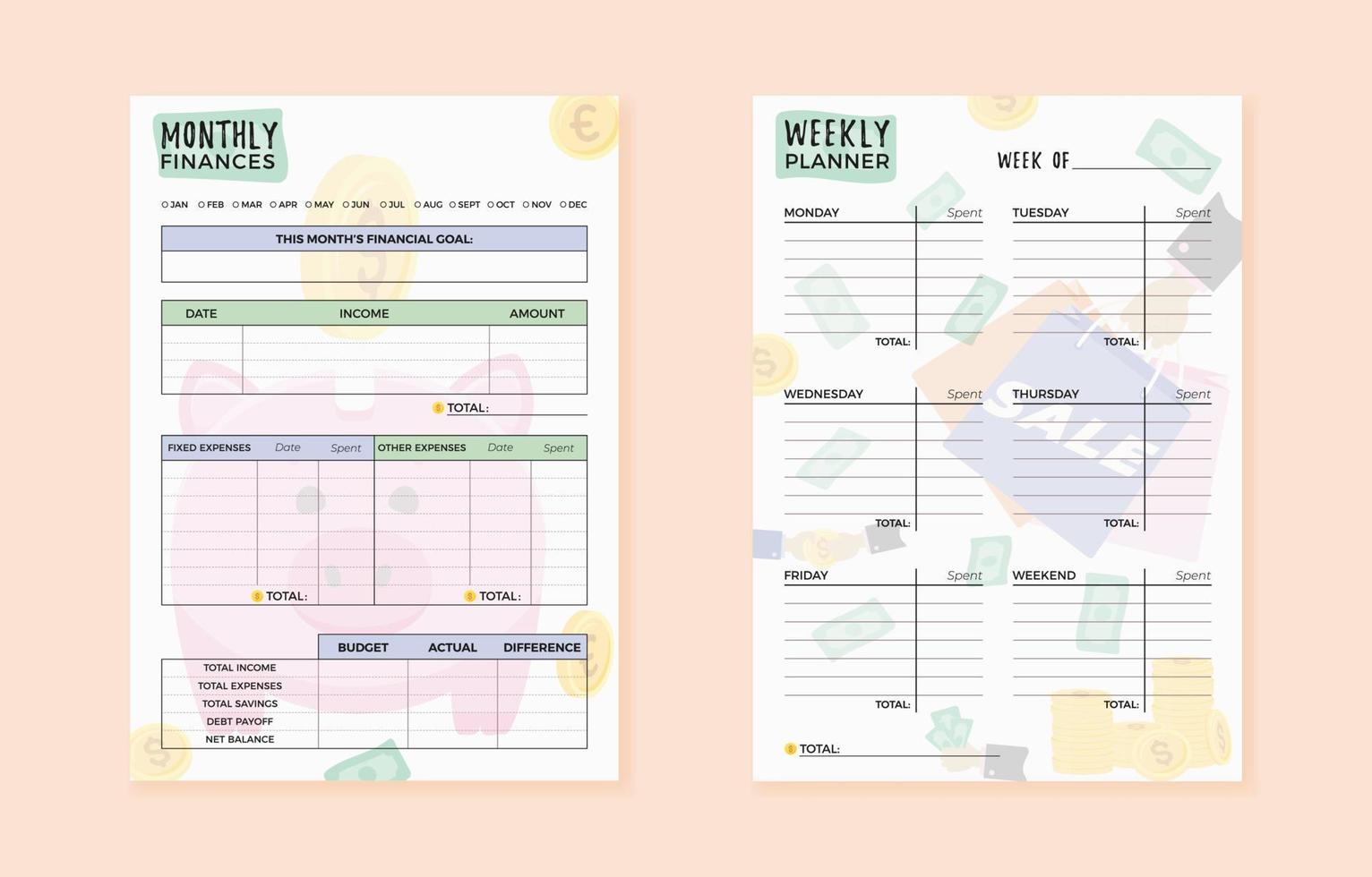 planificateur de budget mensuel et hebdomadaire. format a4 6410409 Art  vectoriel chez Vecteezy