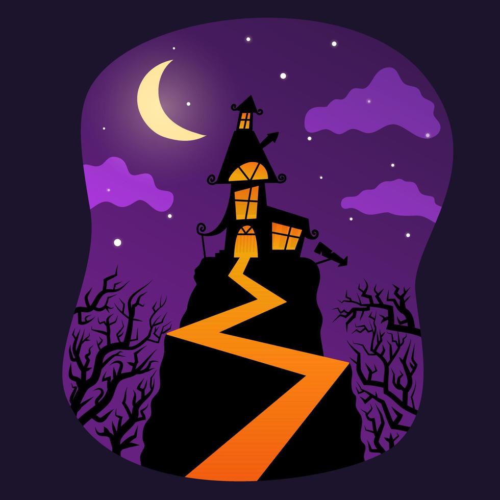 illustration fond violet avec maison hantée, lune brillante dans la nuit noire. illustration pour carte postale, salutation ou invitation vecteur
