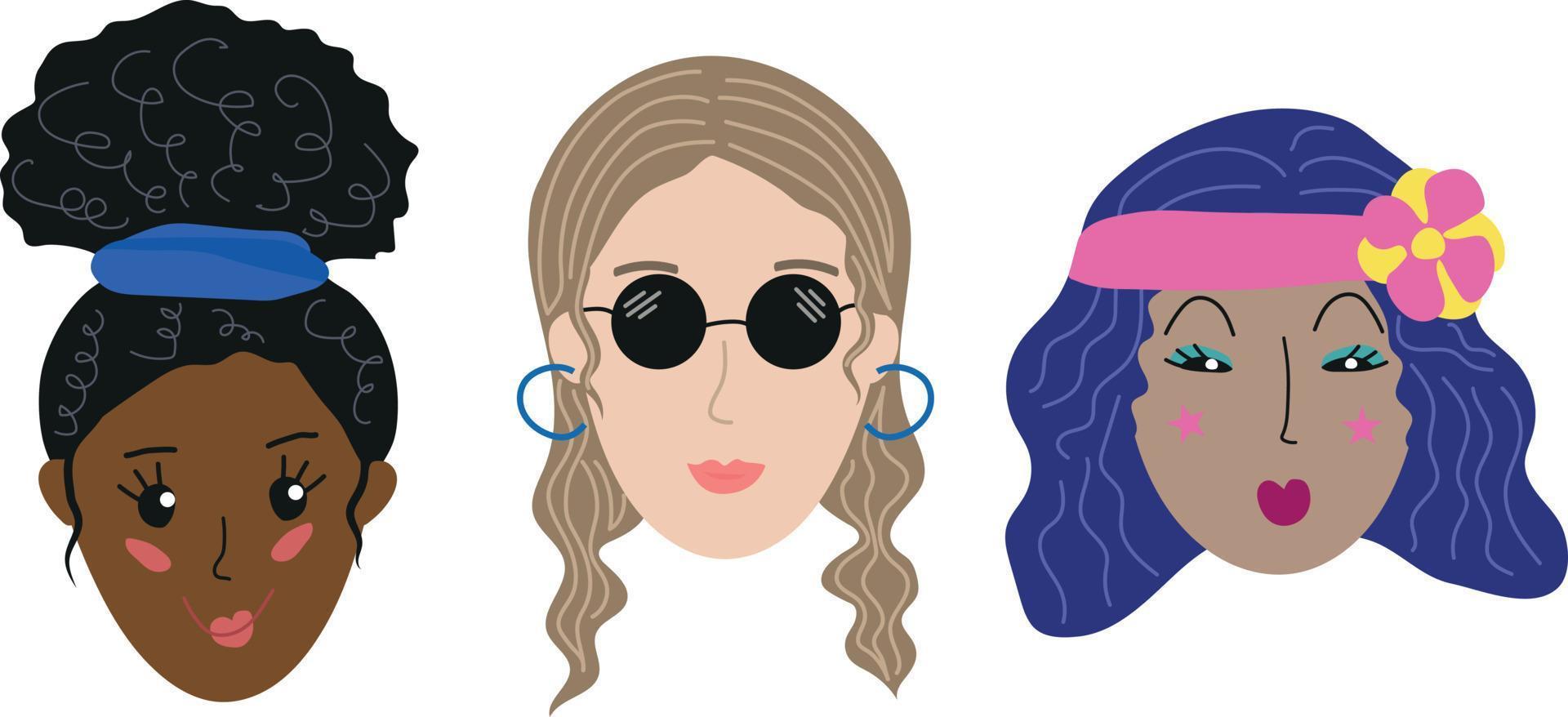 tête de filles dessinées à la main, illustrations lumineuses de style plat doodle vecteur