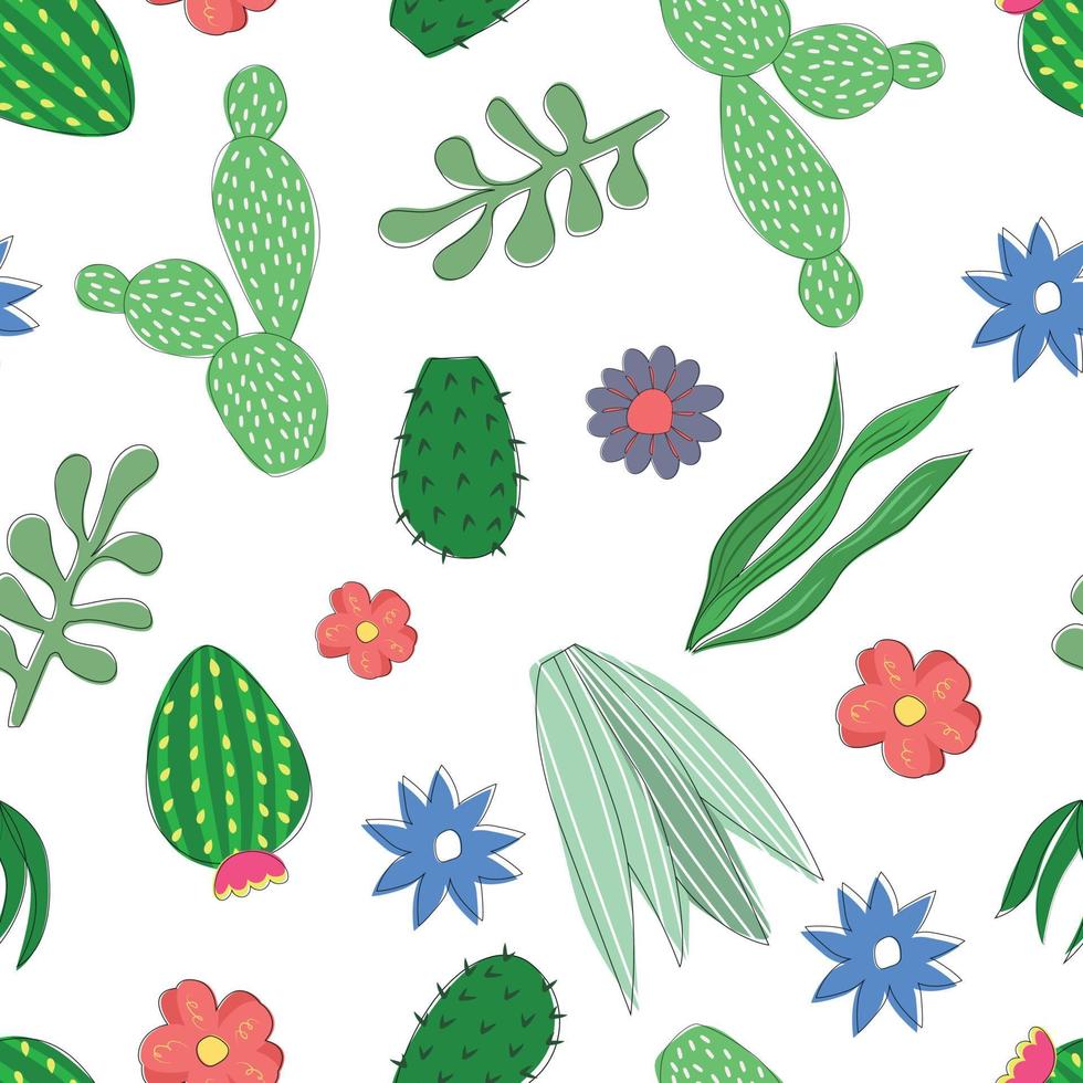 cactus et succulents en fleurs dessinés à la main, motif sans couture avec fond blanc vecteur